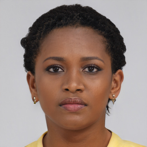 Neutral black young-adult female with short  brown hair and brown eyes