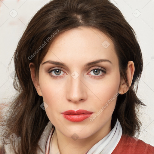 Neutral white young-adult female with medium  brown hair and blue eyes