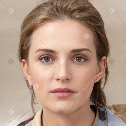 Neutral white young-adult female with medium  brown hair and grey eyes