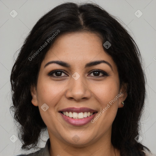 Joyful latino young-adult female with long  brown hair and brown eyes