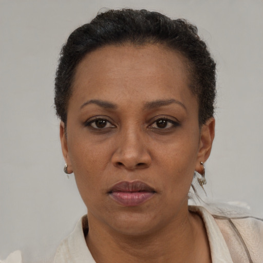Neutral latino adult female with short  brown hair and brown eyes