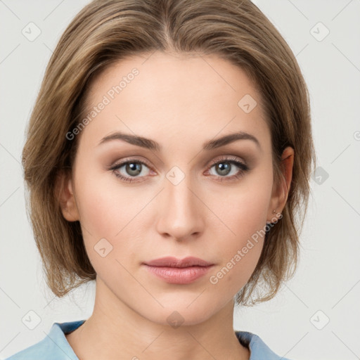 Neutral white young-adult female with medium  brown hair and grey eyes