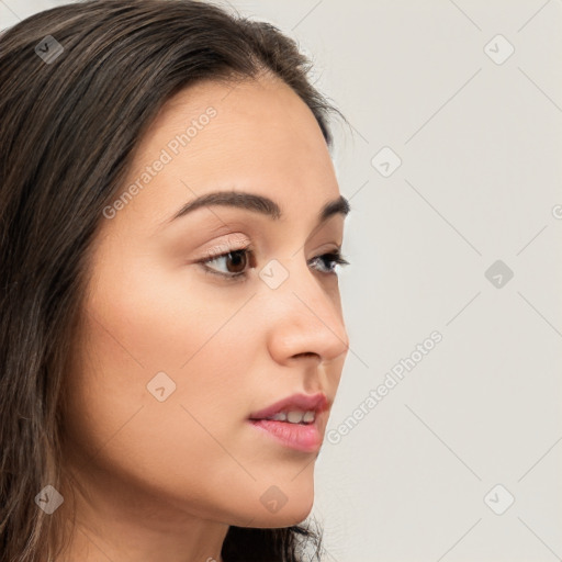 Neutral white young-adult female with long  brown hair and brown eyes