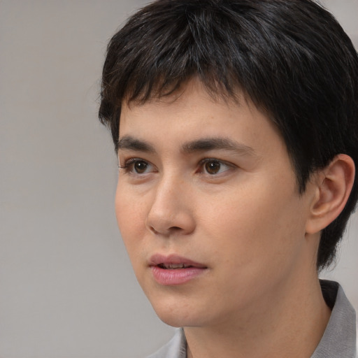 Neutral white young-adult male with short  black hair and brown eyes