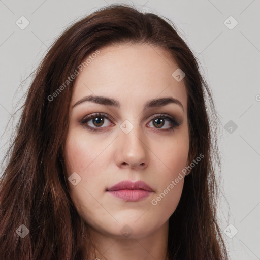 Neutral white young-adult female with long  brown hair and brown eyes