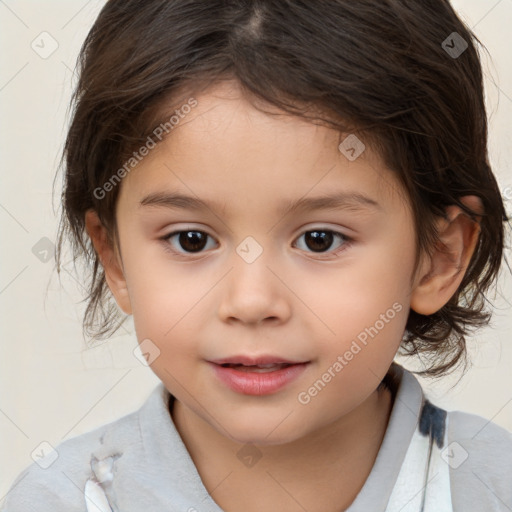 Joyful white child female with medium  brown hair and brown eyes