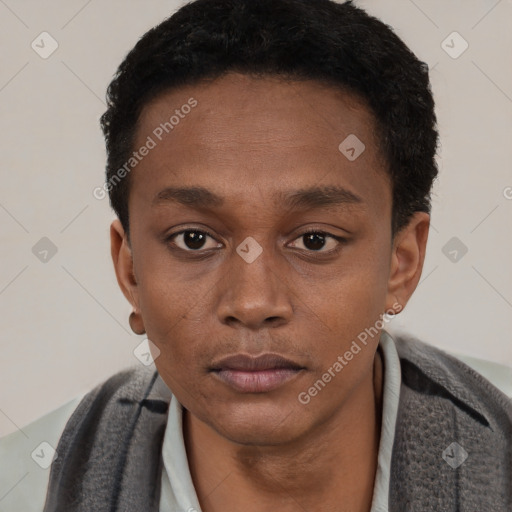 Neutral black young-adult male with short  black hair and brown eyes