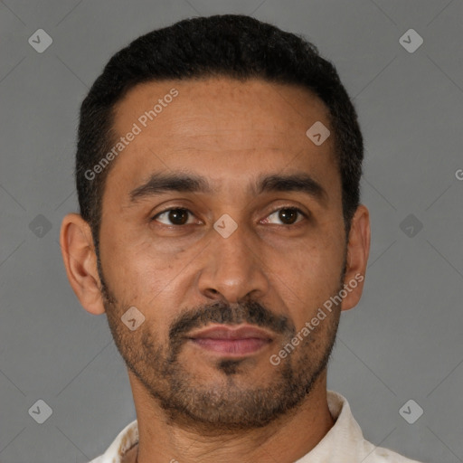 Neutral latino adult male with short  black hair and brown eyes