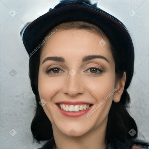 Joyful white young-adult female with long  black hair and brown eyes