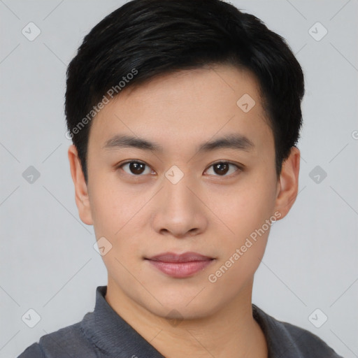 Neutral asian young-adult male with short  black hair and brown eyes