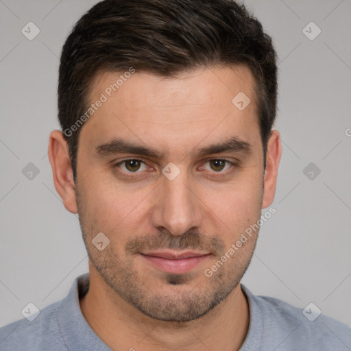 Neutral white young-adult male with short  brown hair and brown eyes