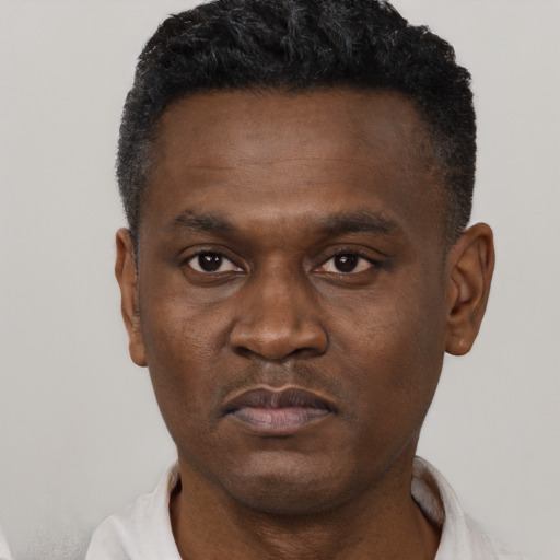 Neutral black adult male with short  black hair and brown eyes