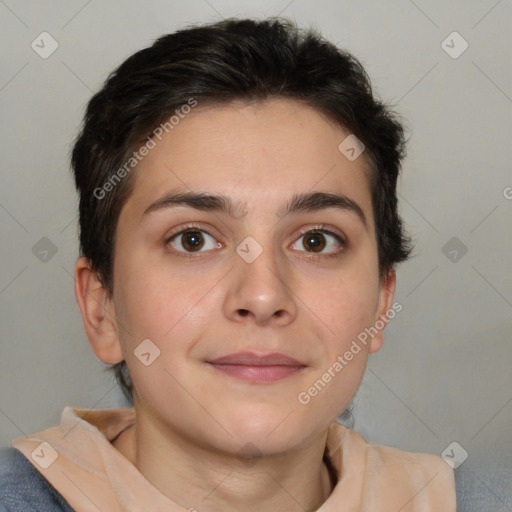 Neutral white young-adult female with short  brown hair and brown eyes