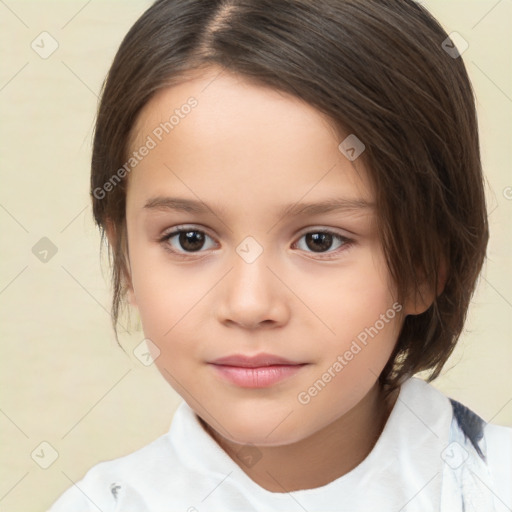 Joyful white child female with medium  brown hair and brown eyes