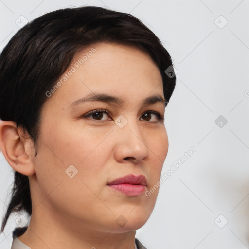 Neutral white young-adult female with short  brown hair and brown eyes