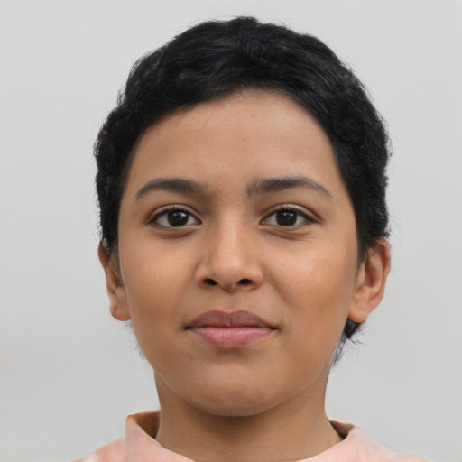 Neutral latino young-adult female with short  black hair and brown eyes