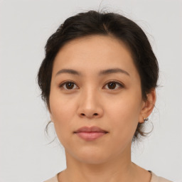 Neutral asian young-adult female with medium  brown hair and brown eyes