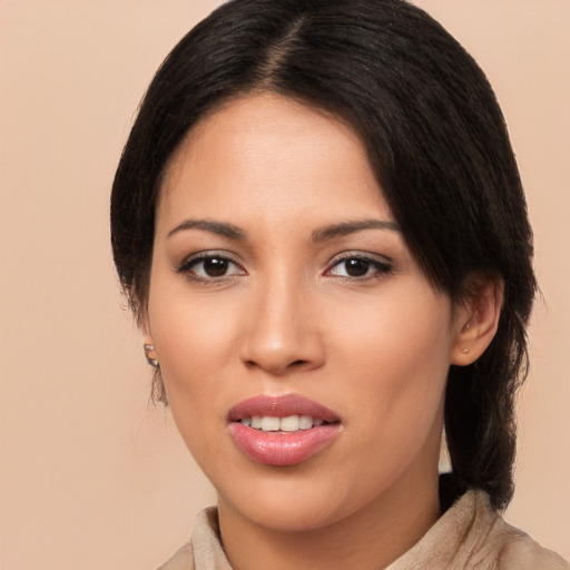 Joyful asian young-adult female with medium  brown hair and brown eyes