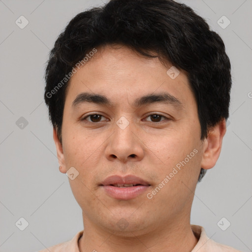 Neutral asian young-adult male with short  black hair and brown eyes