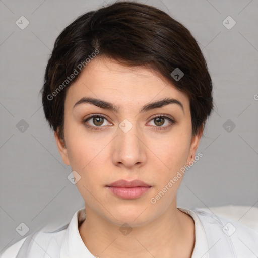 Neutral white young-adult female with short  brown hair and brown eyes