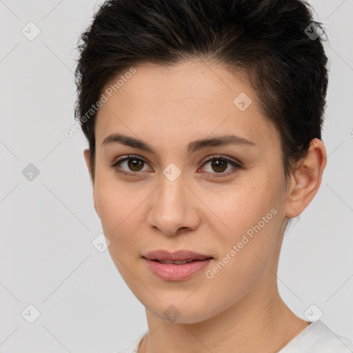 Joyful white young-adult female with short  brown hair and brown eyes