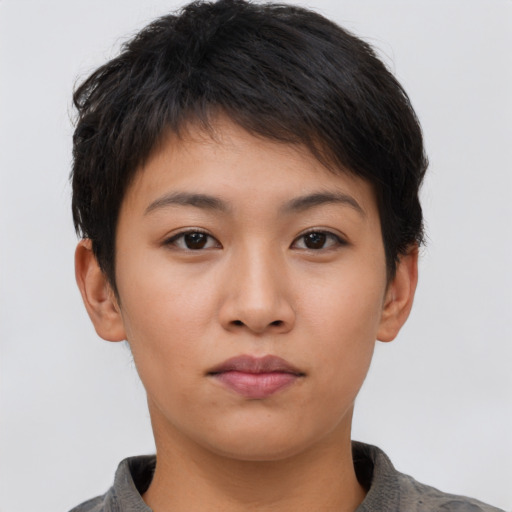 Neutral asian young-adult female with short  brown hair and brown eyes