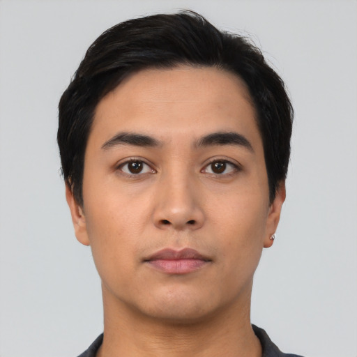 Neutral asian young-adult male with short  black hair and brown eyes