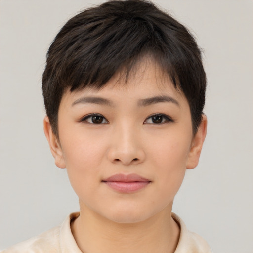 Neutral asian young-adult female with short  brown hair and brown eyes