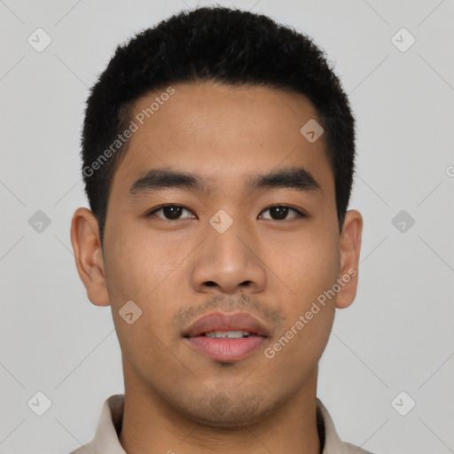 Neutral asian young-adult male with short  black hair and brown eyes