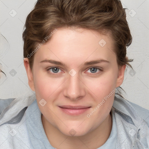 Joyful white young-adult female with medium  brown hair and blue eyes