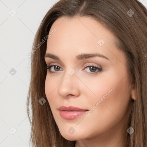 Neutral white young-adult female with long  brown hair and brown eyes