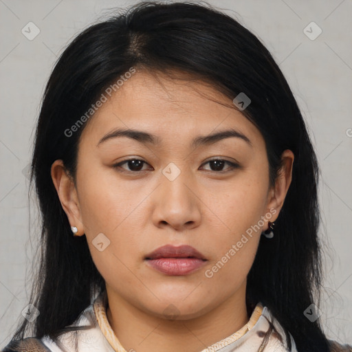 Neutral asian young-adult female with medium  brown hair and brown eyes