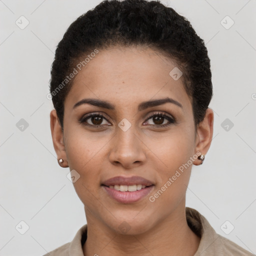 Joyful latino young-adult female with short  brown hair and brown eyes