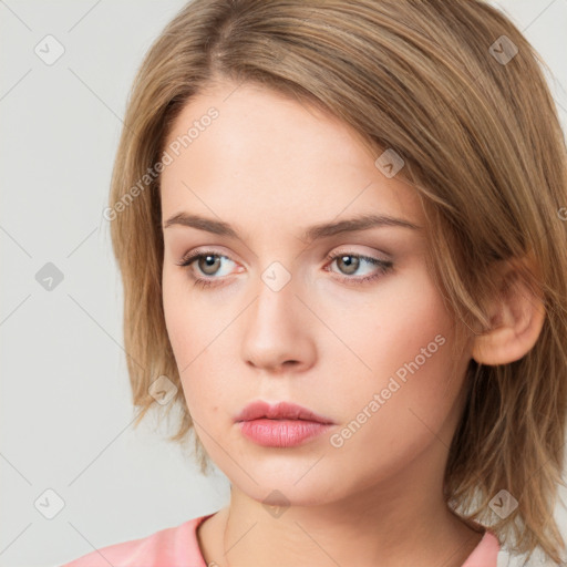 Neutral white young-adult female with medium  brown hair and grey eyes