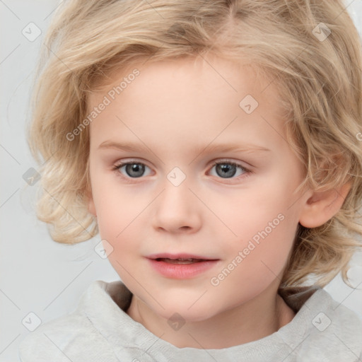 Joyful white child female with medium  brown hair and blue eyes