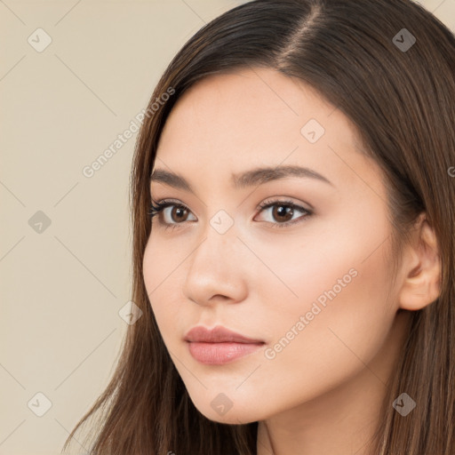 Neutral white young-adult female with long  brown hair and brown eyes