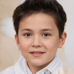 Joyful white child female with short  brown hair and brown eyes