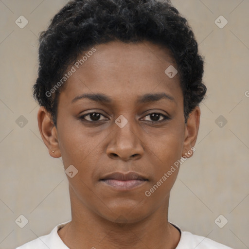 Neutral black young-adult female with short  black hair and brown eyes