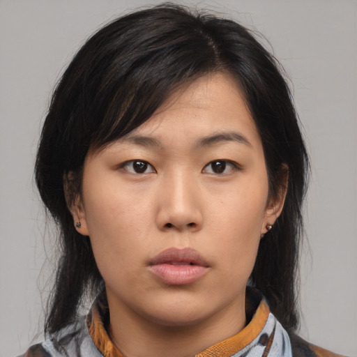 Neutral asian young-adult female with medium  black hair and brown eyes
