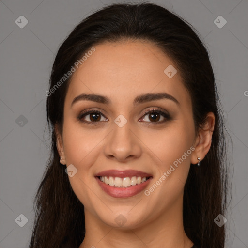 Joyful white young-adult female with long  brown hair and brown eyes