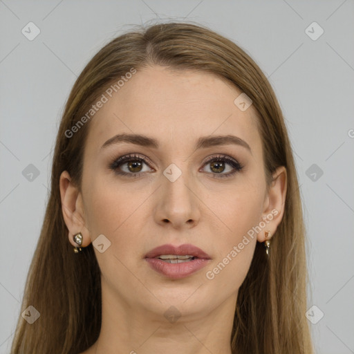 Joyful white young-adult female with long  brown hair and grey eyes