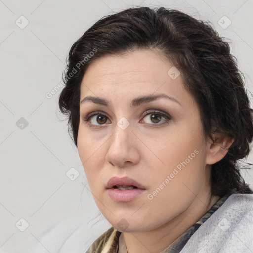 Neutral white young-adult female with medium  brown hair and brown eyes