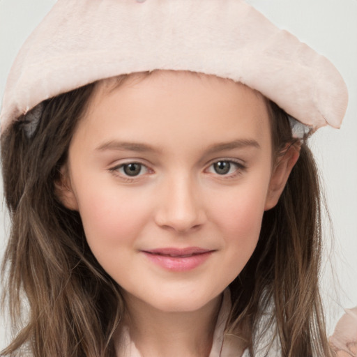 Joyful white child female with long  brown hair and grey eyes