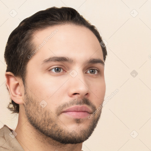 Neutral white young-adult male with short  brown hair and brown eyes