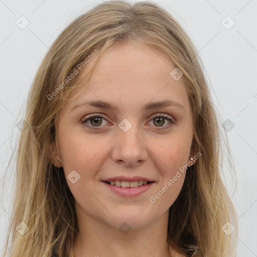 Joyful white young-adult female with long  brown hair and grey eyes