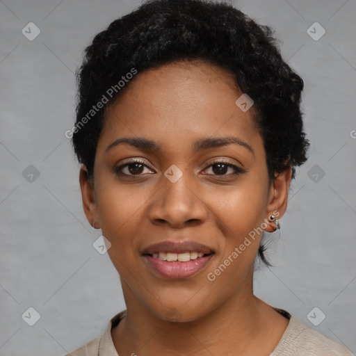 Joyful black young-adult female with short  black hair and brown eyes