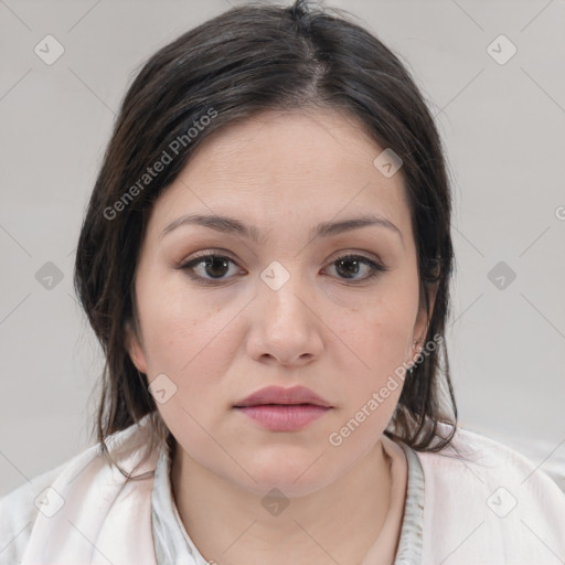 Neutral white young-adult female with medium  brown hair and brown eyes