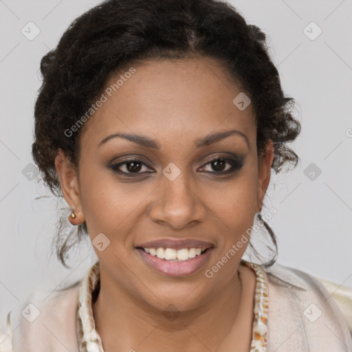 Joyful black young-adult female with long  brown hair and brown eyes