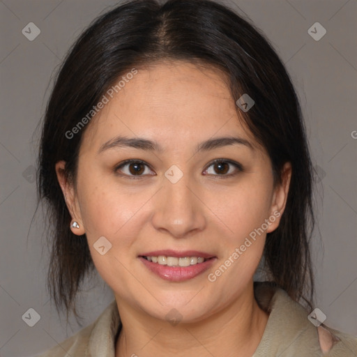 Joyful white young-adult female with medium  brown hair and brown eyes