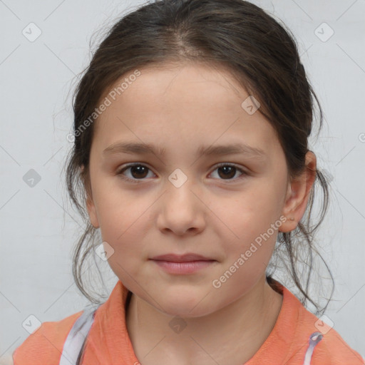 Joyful white child female with medium  brown hair and brown eyes